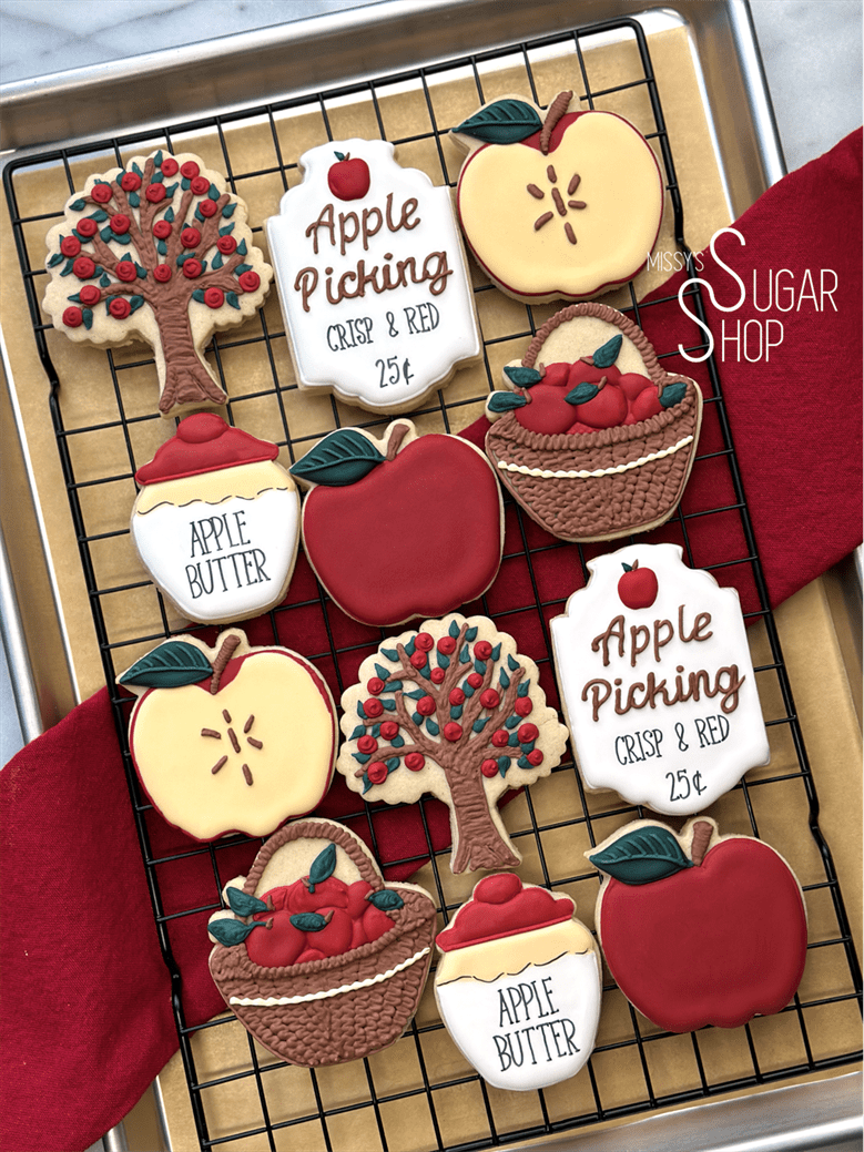 apple butter mason jar, apple cookies, apple blossom flower cookies, apple basket, apple tree, apple picking cookies