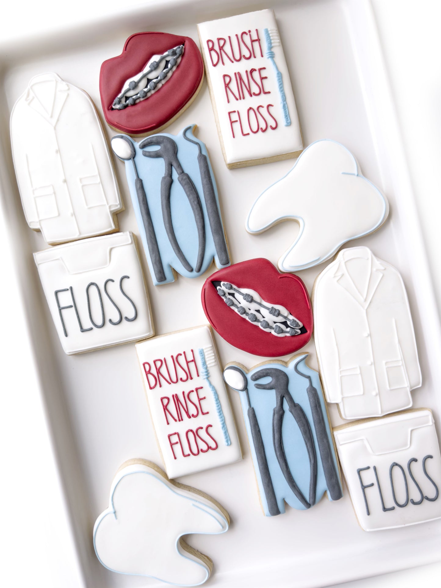 dentist thank you cookies, braces on teeth, dental floss, dentist tools, graduation cookies