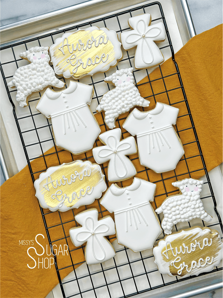 baptism day, cross, lamb, baptism gown, gold baptism cookies, god bless cookies