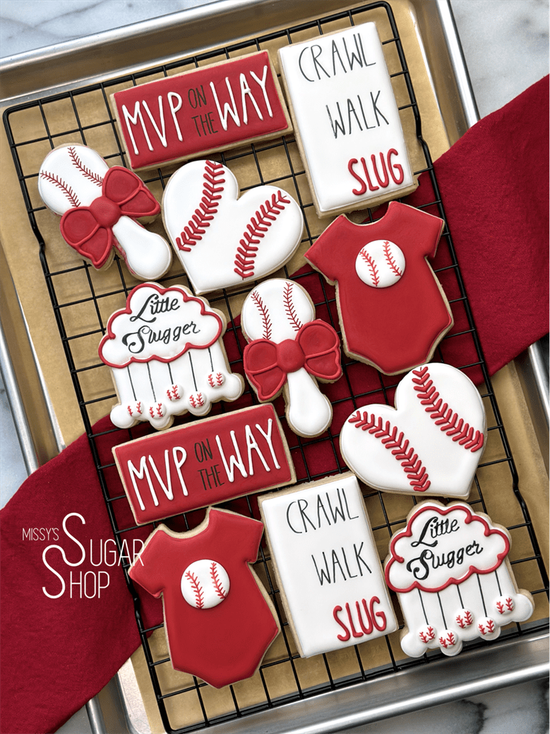 baseball, onesie, little slugger, crib mobile, rattle, mvp, baby shower cookies