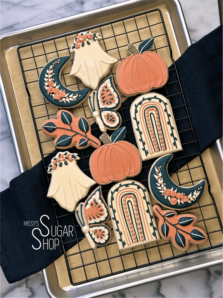 boho halloween, boo, boho rainbow, pumpkin tree with florals, moth, pumpkin with flowers, ghost with flowers, halloween cookies