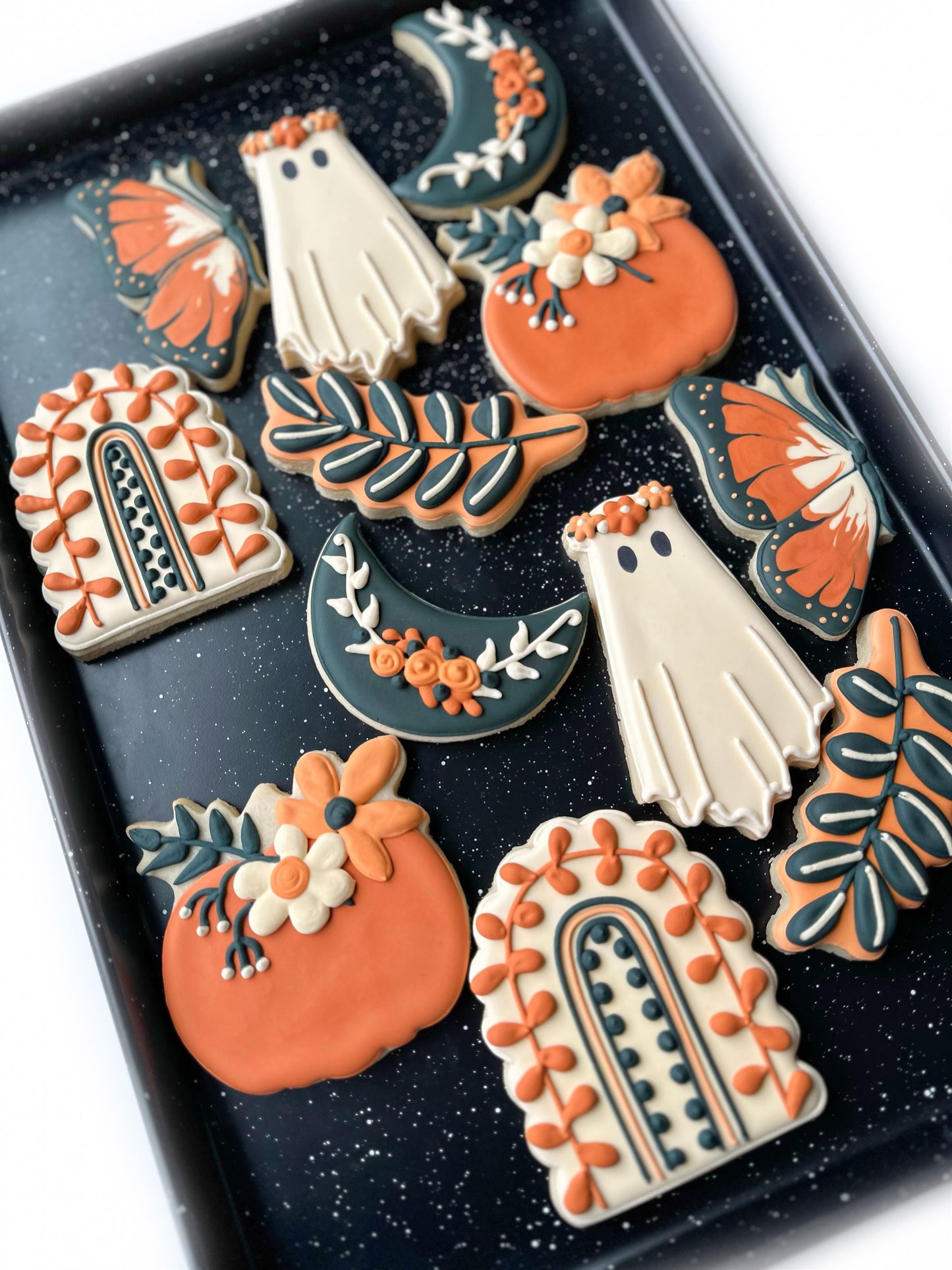 boho halloween, boo, boho rainbow, pumpkin tree with florals, moth, pumpkin with flowers, ghost with flowers, halloween cookies