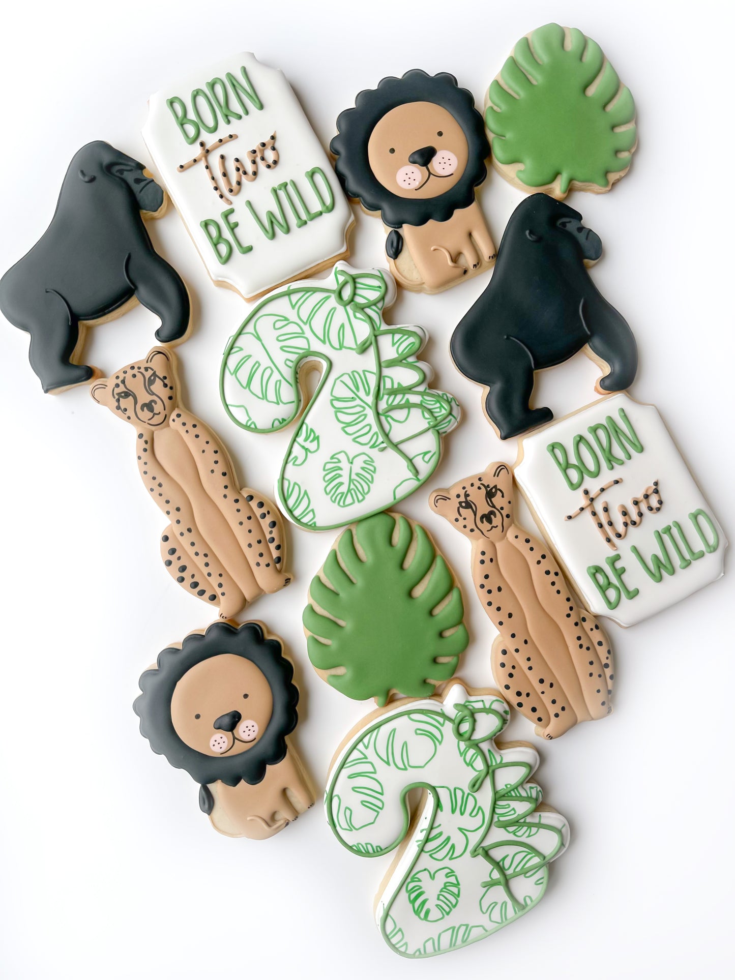 lion, gorilla, palm tree, monstera leaf, jungle birthday, wild one birthday, cheetah cookies born two be wild wild one first second birthday