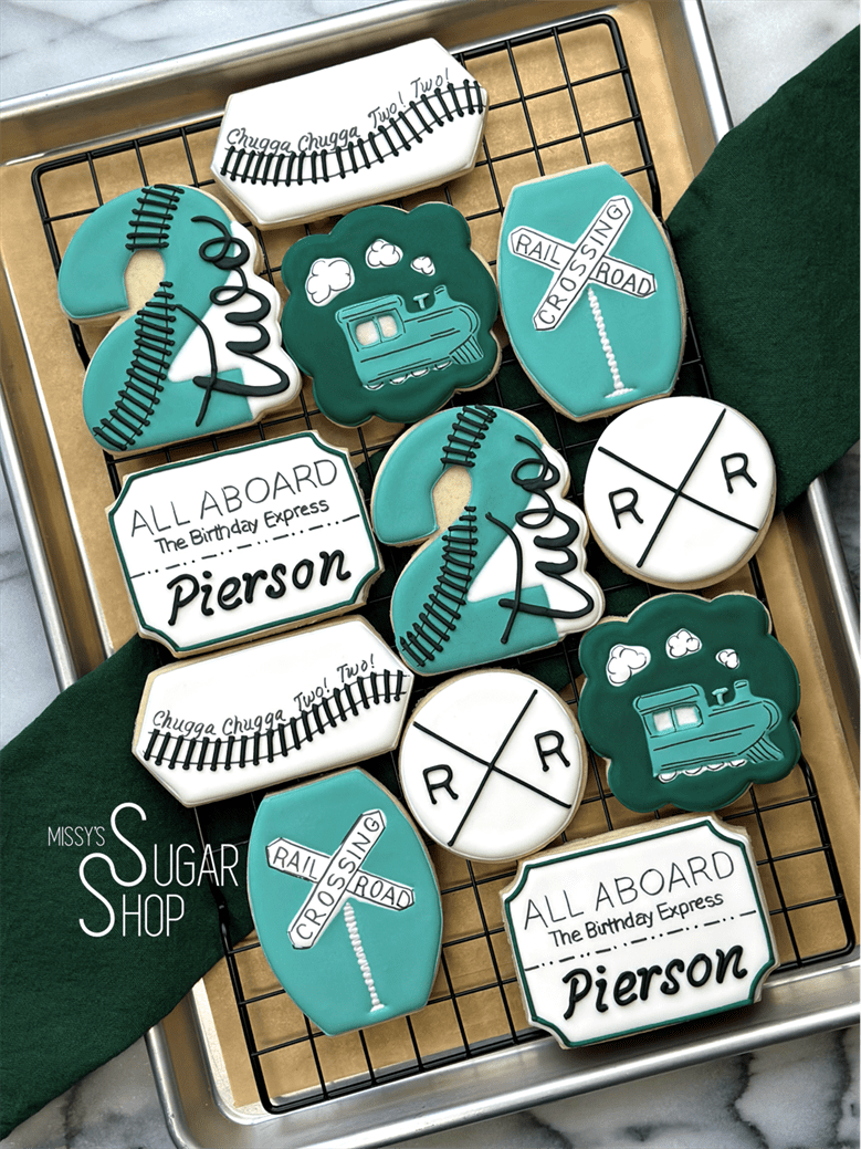 chugga chugga two two, train engine, 2nd birthday, railroad crossing, train birthday cookies, train ticket, choo choo cookies