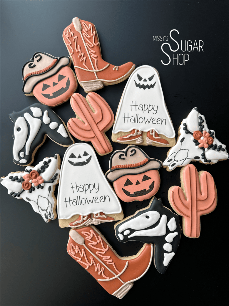 Cowboy ghost rider, cowboy boots, ghost sheriff, cactus, pumpkin with cowboy hat, horse skeleton, halloween cowboy ghost cookies
