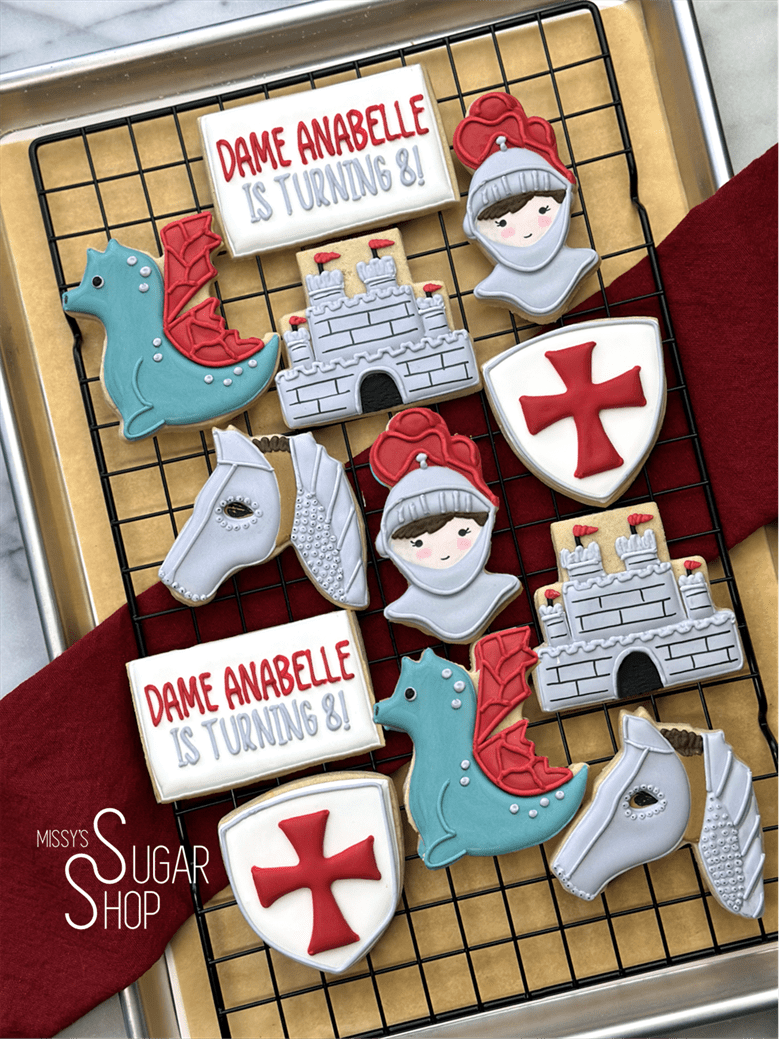 sir knight birthday cookies, dame knight birthday cookies, dragon, castle, medieval, knight shield horse with armor cookies, little slayer birthday cookies, knight in shining armor cookies