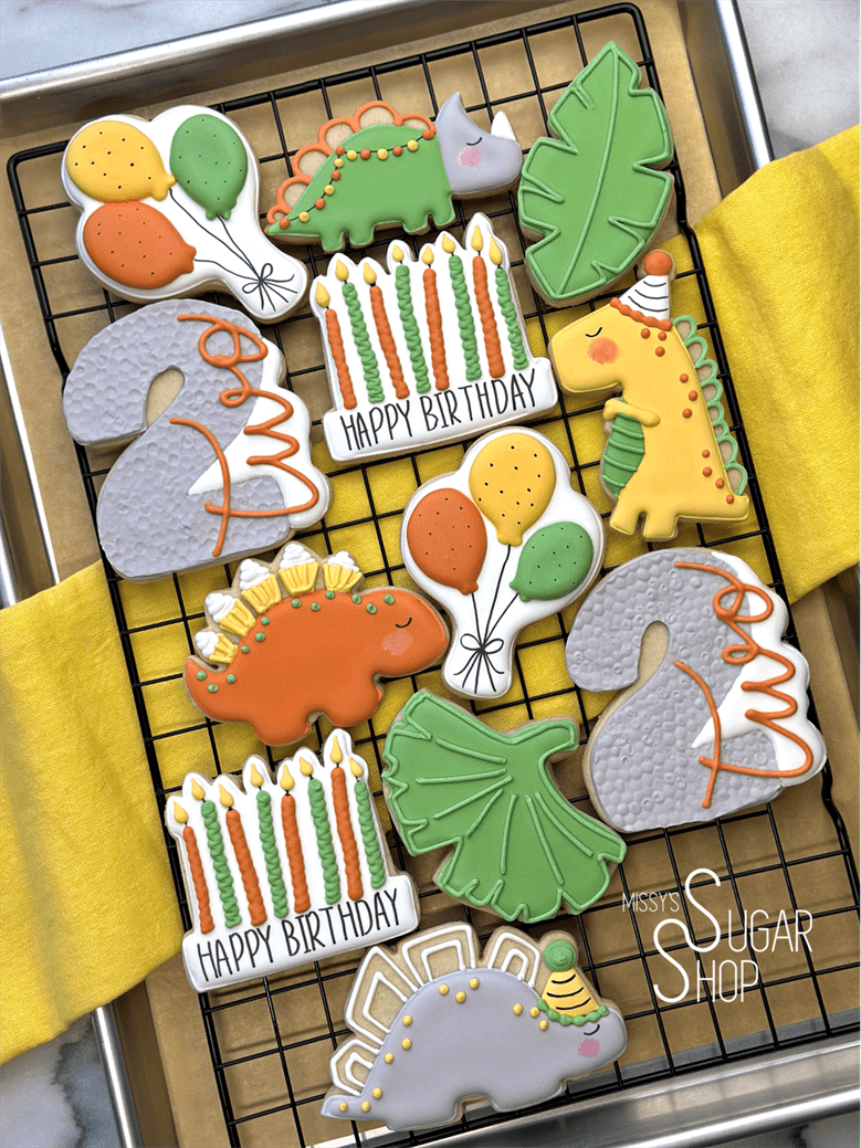 dinosaur birthday, t rex, stegosaurus, birthday candles, cupcakes, balloon, leaf cookies, dinosaur birthday cookies