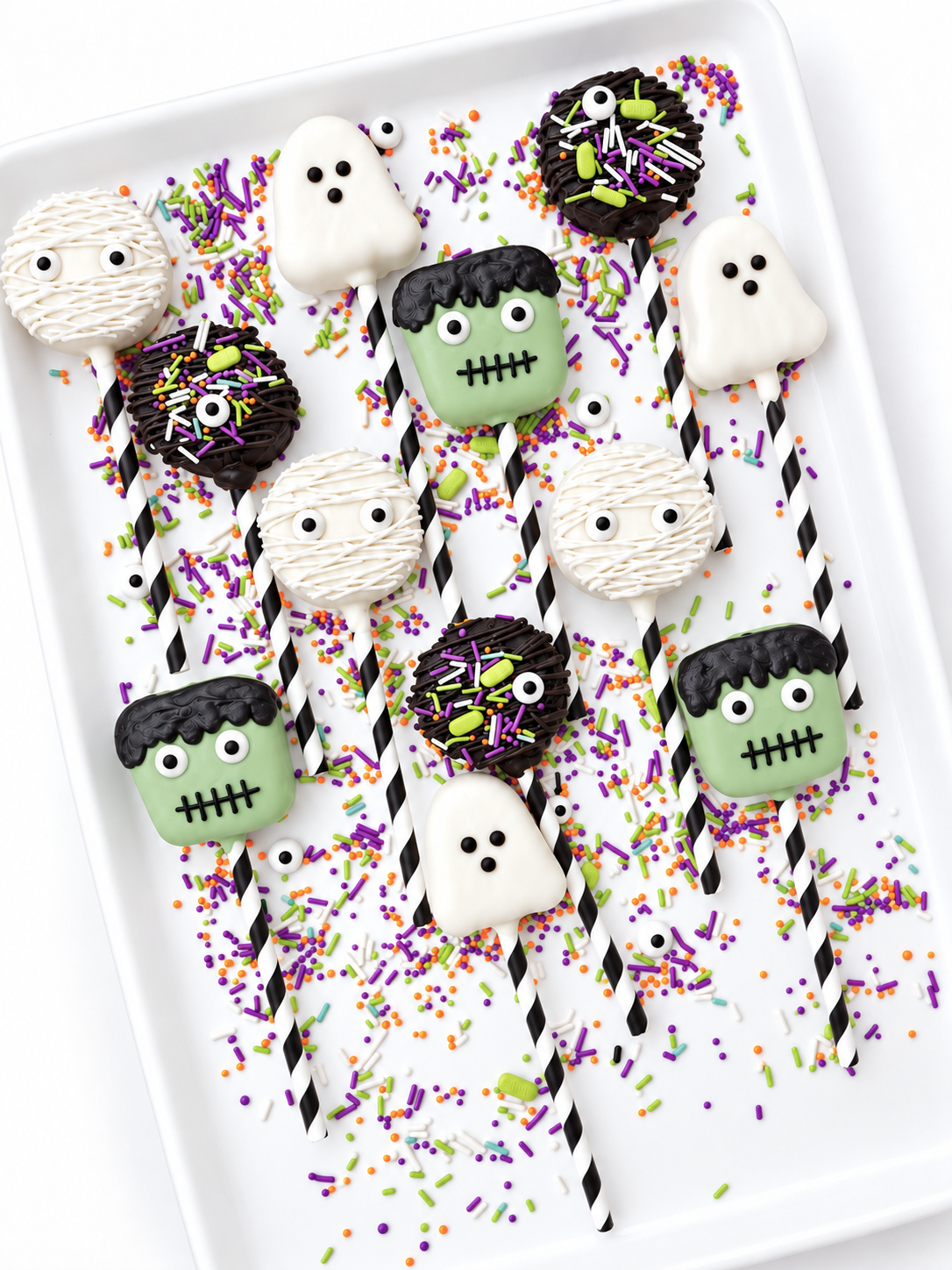 A dozen assorted Halloween cake pops made with rich devil’s food cake and Hostess cupcakes mixed right into the batter. Each dozen includes three ghosts, three mummies, three Frankensteins, and three pops finished with colorful drizzles, sprinkles and candy eyes.