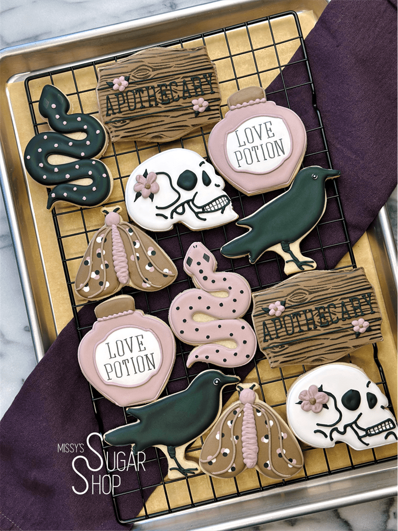 sugar skulls with flowers, apothecary, love potion bottle, apothecary bell jar, raven, flower bouquet