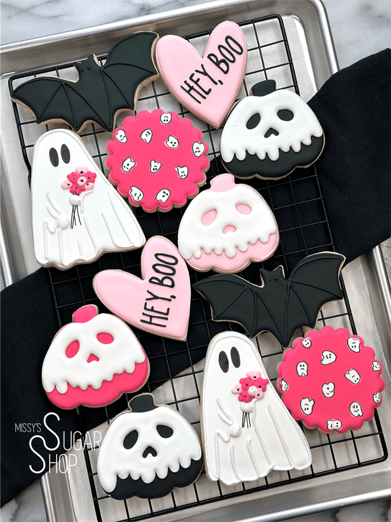 hey boo, ghost with flowers, candy apple pumpkin, ghosts holding hands, tiny cute ghosts, halloween cookies