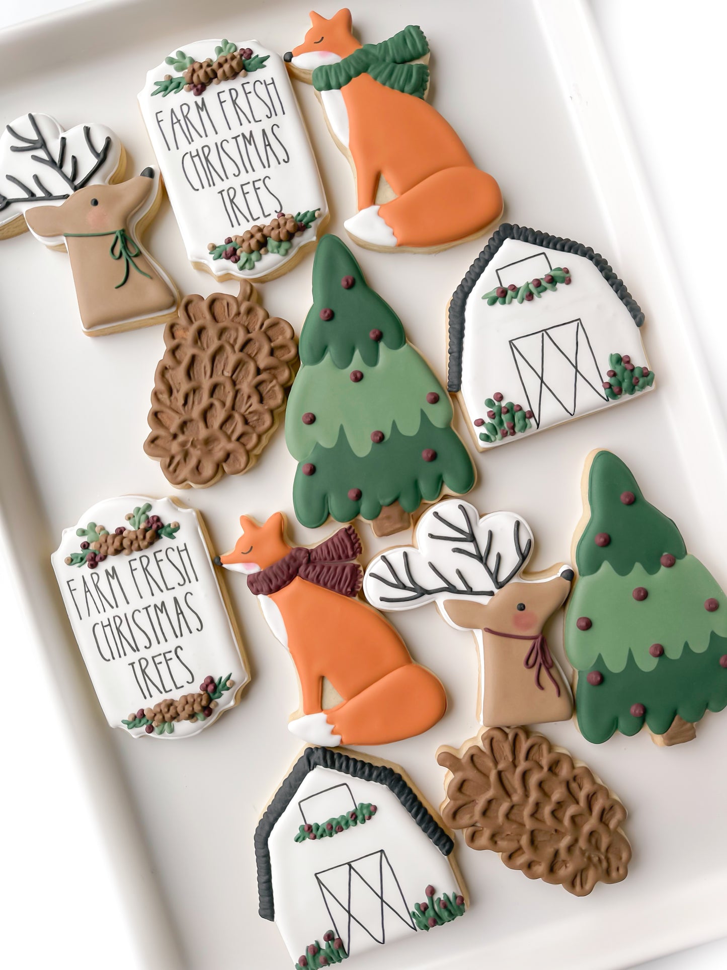 tree farm, farm fresh christmas trees, barn, sled with presents, truck with tree, christmas cookies