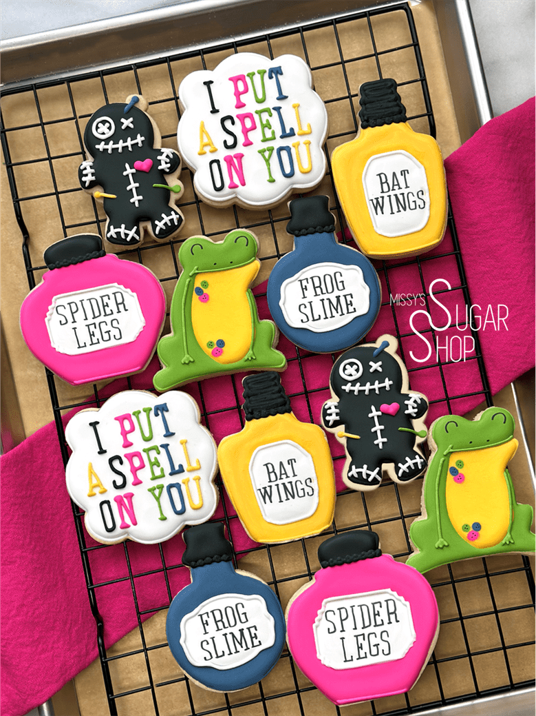 i put a spell on you, frog slime, spider legs, bat wings, toad, voodoo dolls, halloween cookies