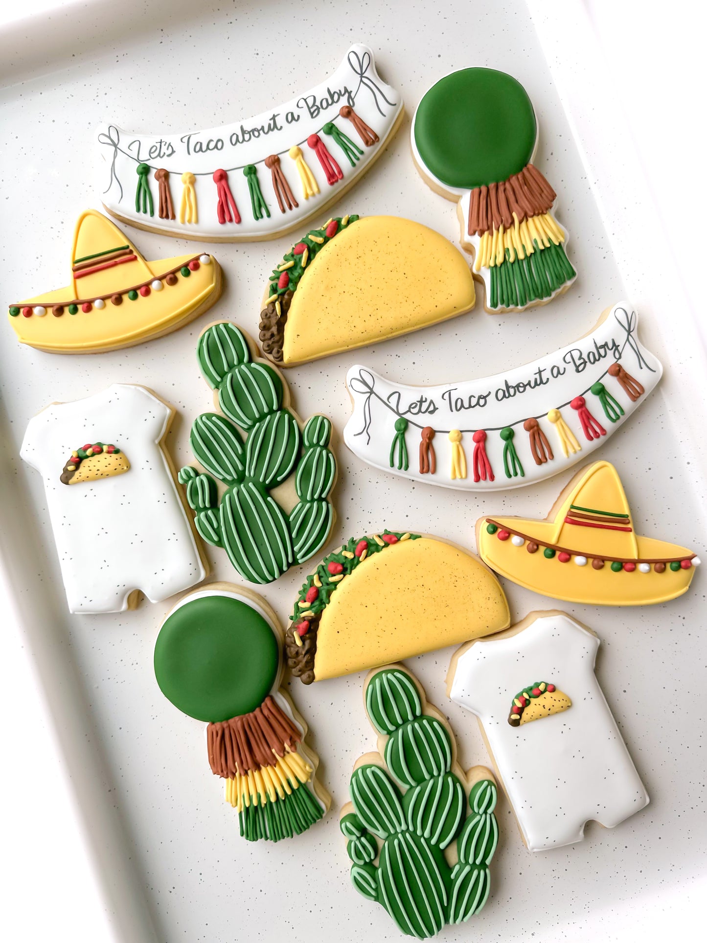taco, sombrero, cactus, onesie, taco bout a baby, banner, let's taco about a baby