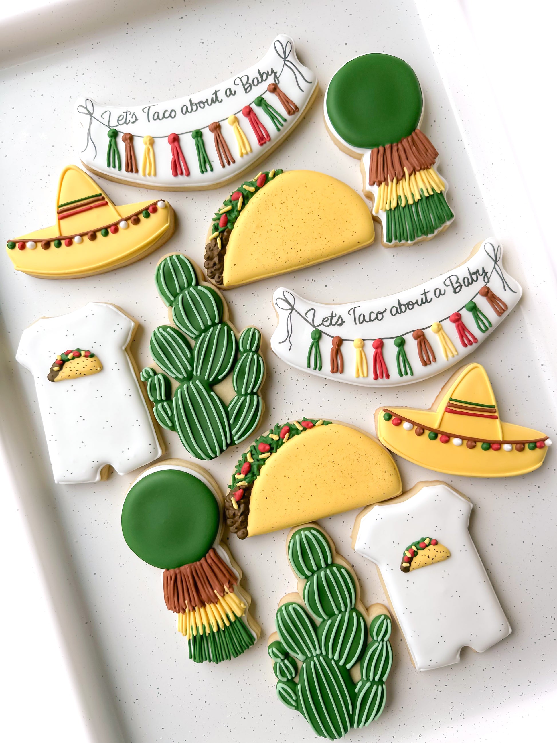 taco, sombrero, cactus, onesie, taco bout a baby, banner, let's taco about a baby