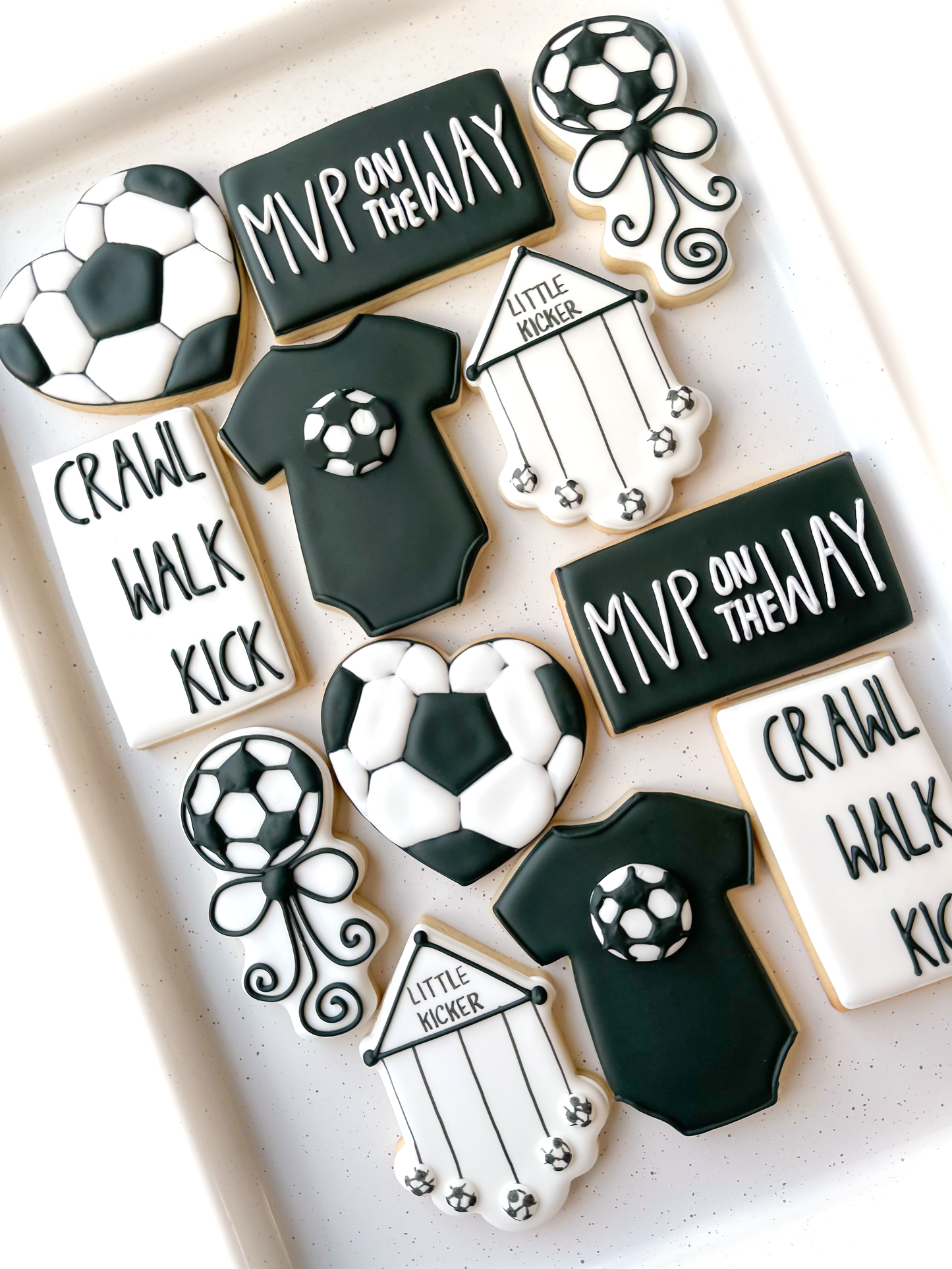 soccer ball, onesie, little kicker, crib mobile, rattle, mvp, baby shower cookies, sports baby cookies
