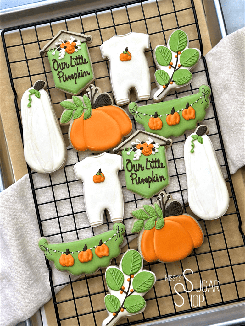 our little pumpkin, a little pumpkin is on the way, coming soon, baby onesie, pumpkins, fall florals, baby shower cookies