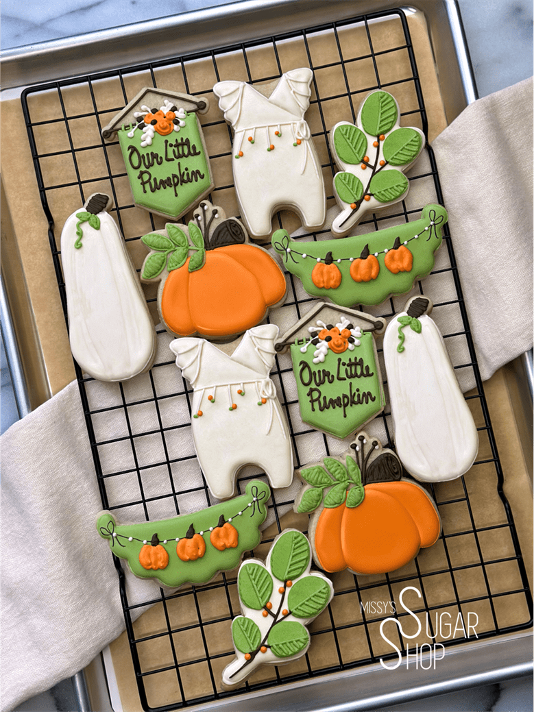 our little pumpkin, a little pumpkin is on the way, coming soon, baby onesie, pumpkins, fall florals, baby shower cookies