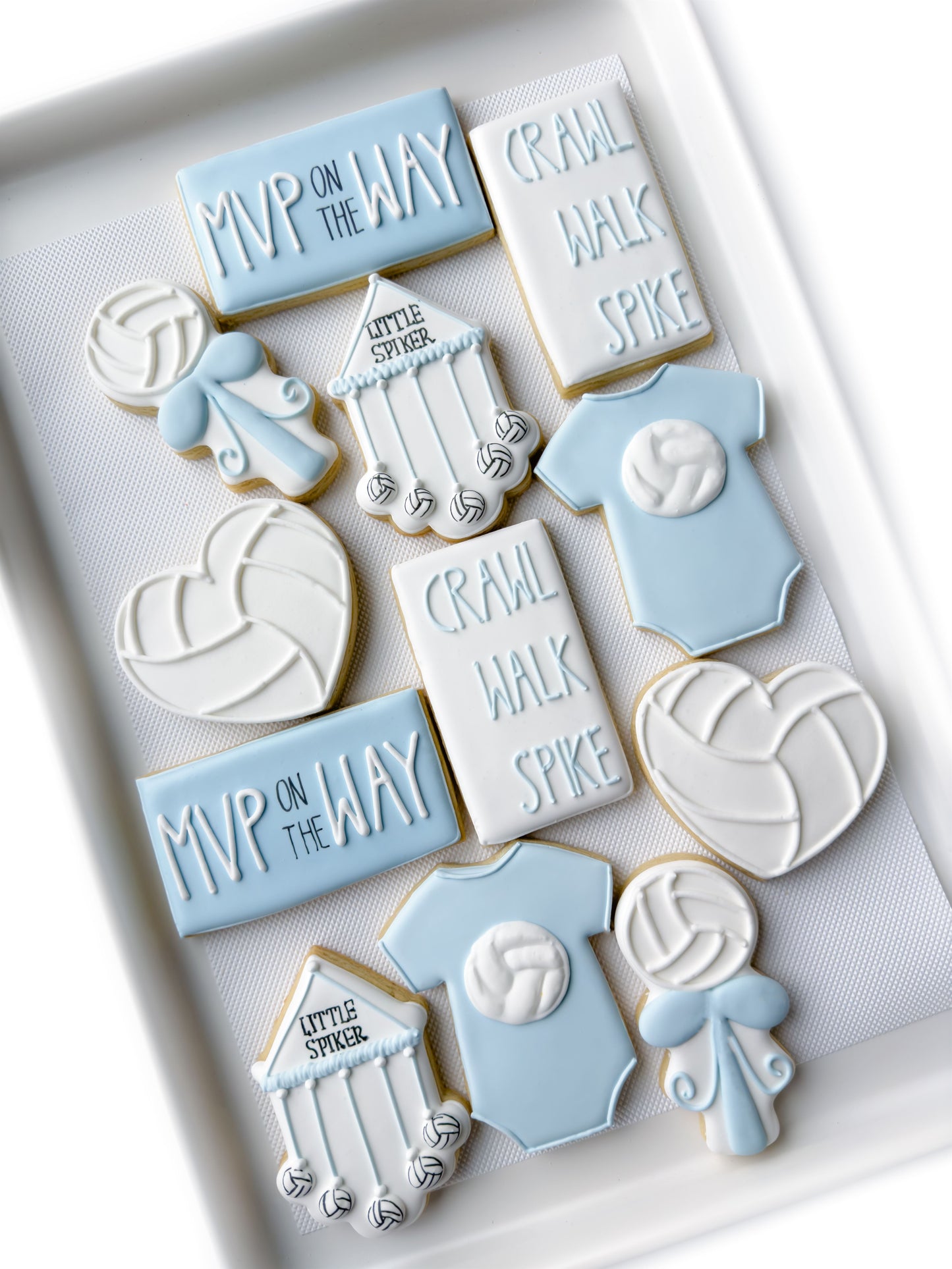volleyball, onesie, little spiker, crib mobile, rattle, mvp baby shower cookies