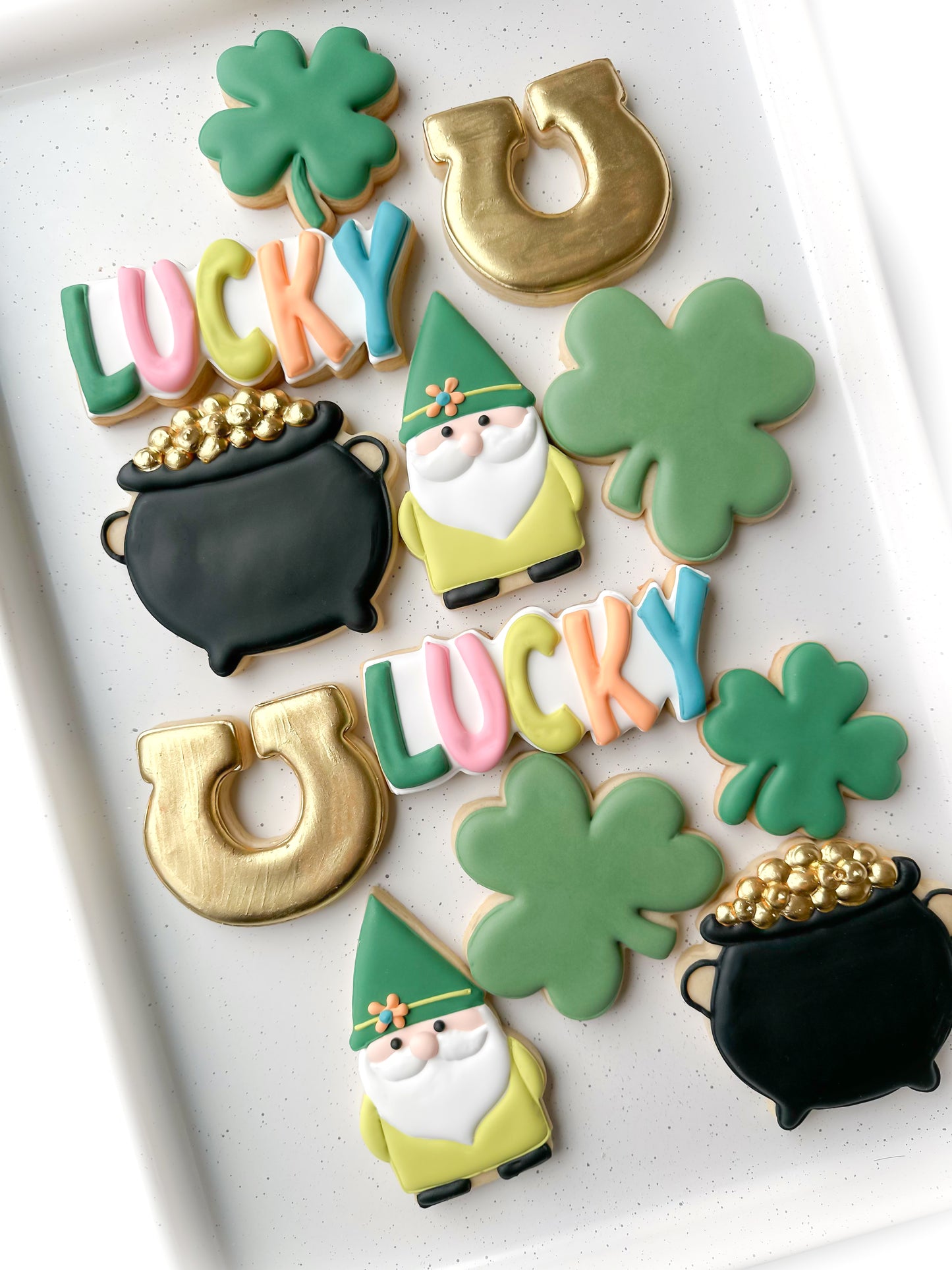 lucky and i gnome it st patricks day cookies pot of gold horseshoe four leaf clover gnome shamrock
