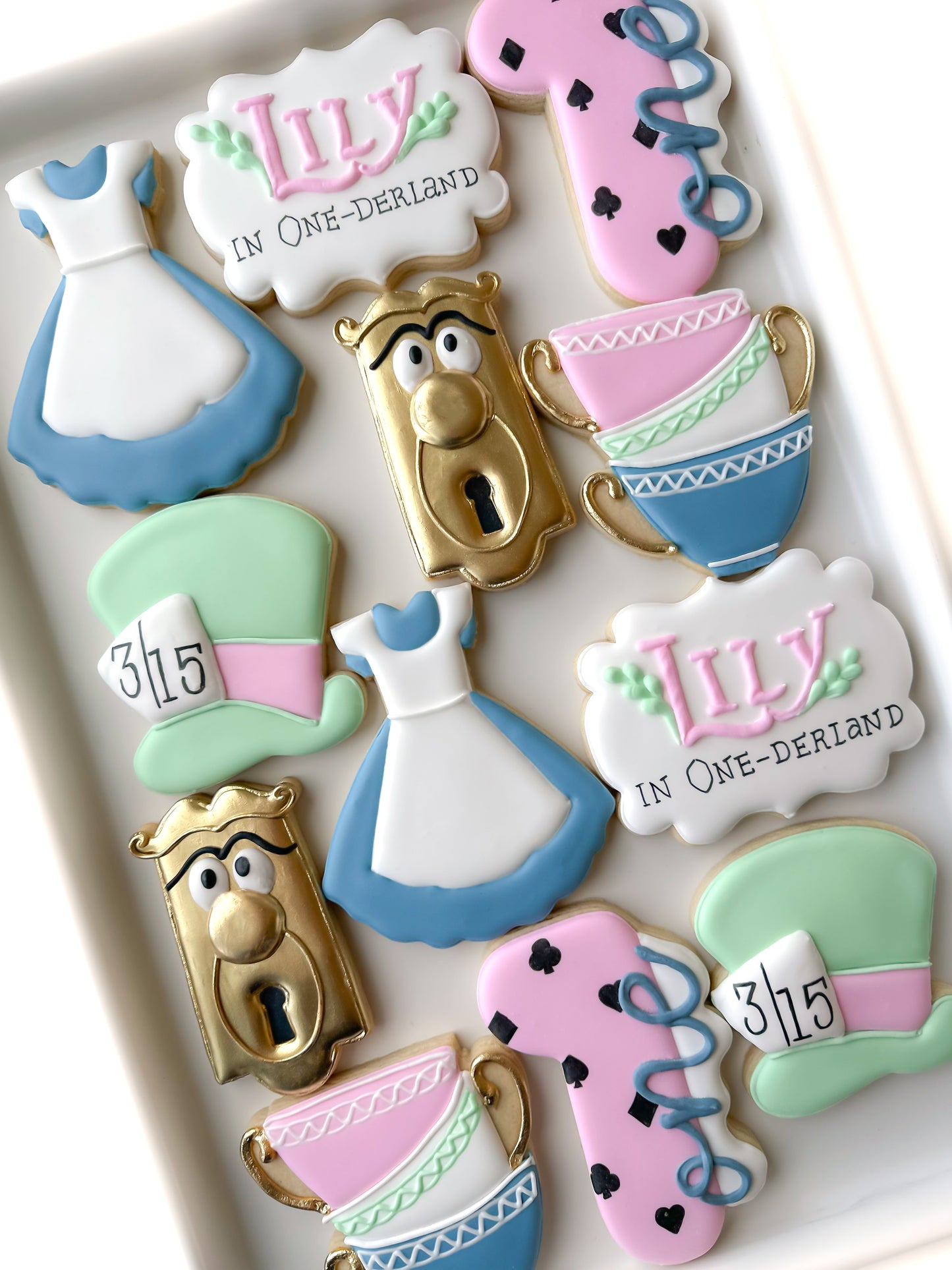 One-derland 1st Birthday cookies alice doorknob dress teacup one decorated birthday