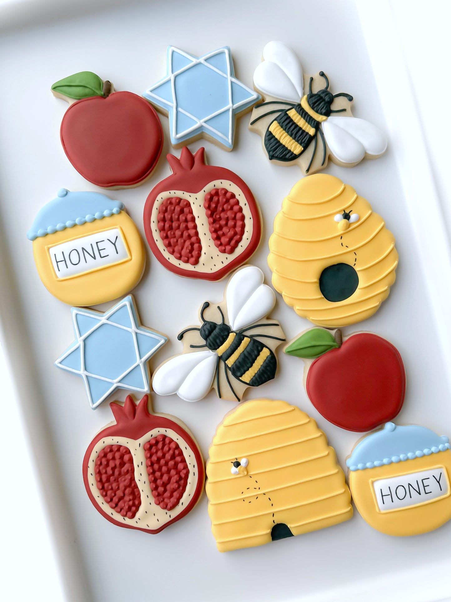 bee, beehive, star of david, and apple, rosh hashana cookies, happy new year, jewish holiday cookies