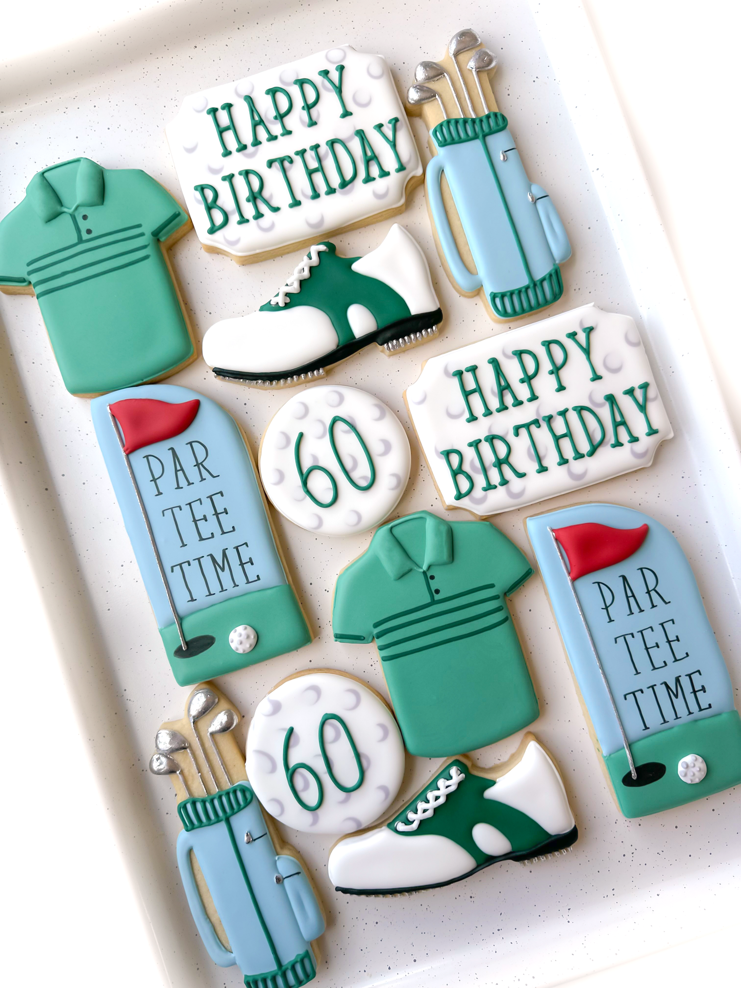 golf club, golf shirt, golf ball, and golf course, golf bag, tee time, birthday golf cookies, dad birthday cookies, golf shoe