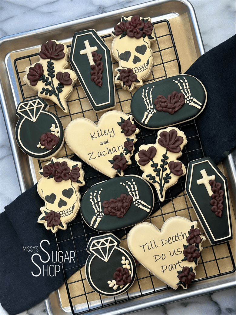 till death do us part heart, flowers, roses, sugar skulls, casket, engagement ring, skeleton hands with heart and flowers, wedding cookies, engagement cookies