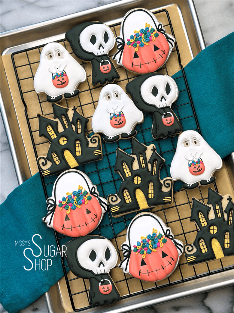 trick or treat, haunted house. pumpkin treat bucket, grim reaper, ghost, halloween cookies