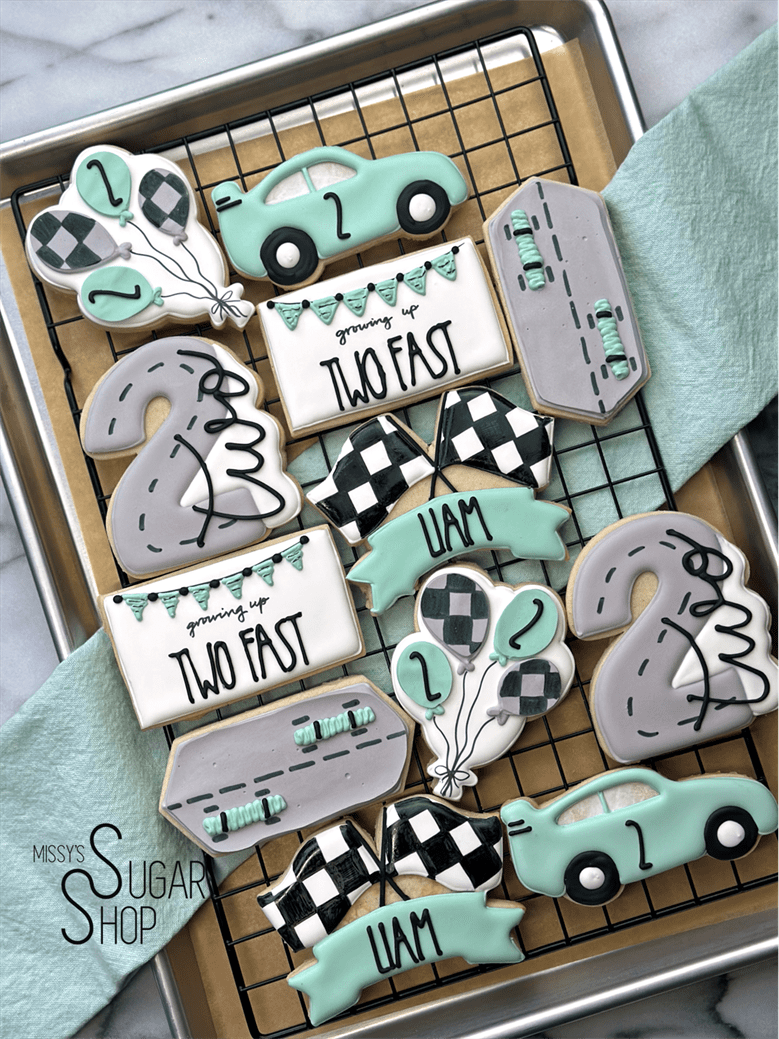 Racecar flags, two fast birthday cookies, racecar cookies, 2nd birthday, two fast birthday, birthday balloon bunch, racecar birthday theme