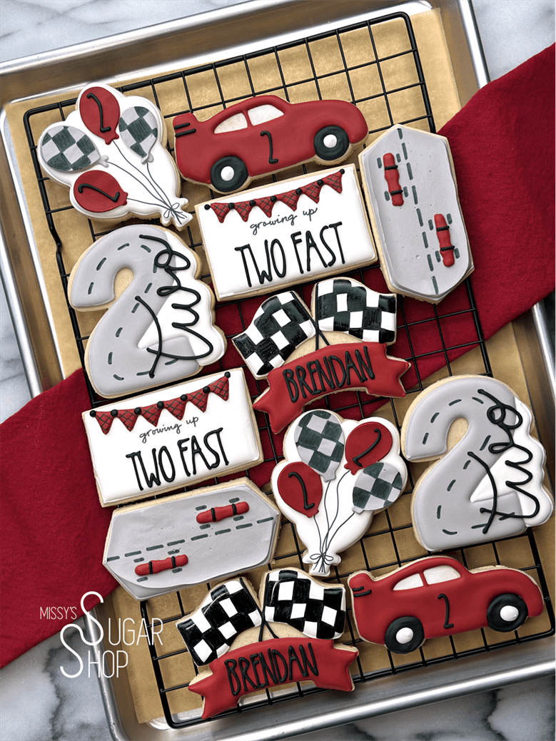 Racecar flags, two fast birthday cookies, racecar cookies, 2nd birthday, two fast birthday, birthday balloon bunch, racecar birthday theme