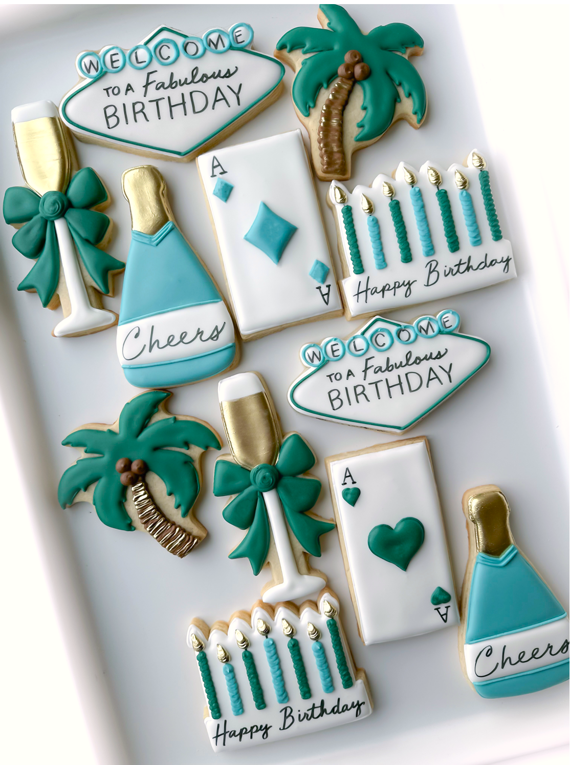 happy birthday, balloons, champagne cheers, fabulous vegas cookies, vegas birthday weekend, press for champagne, champagne bottle and glass birthday cookies, palm tree cookies, birthday candle cookies