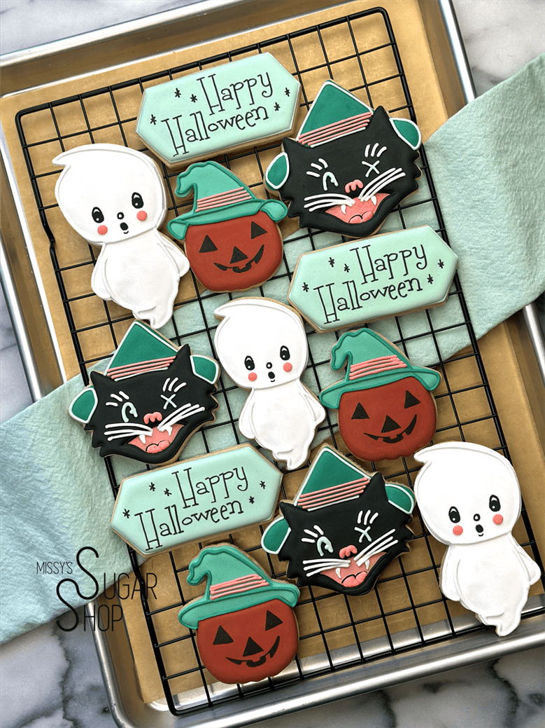 vintage halloween, ghost, owl, witch, pumpkin with witch hat, black cat with witch hat, vintage halloween cookies
