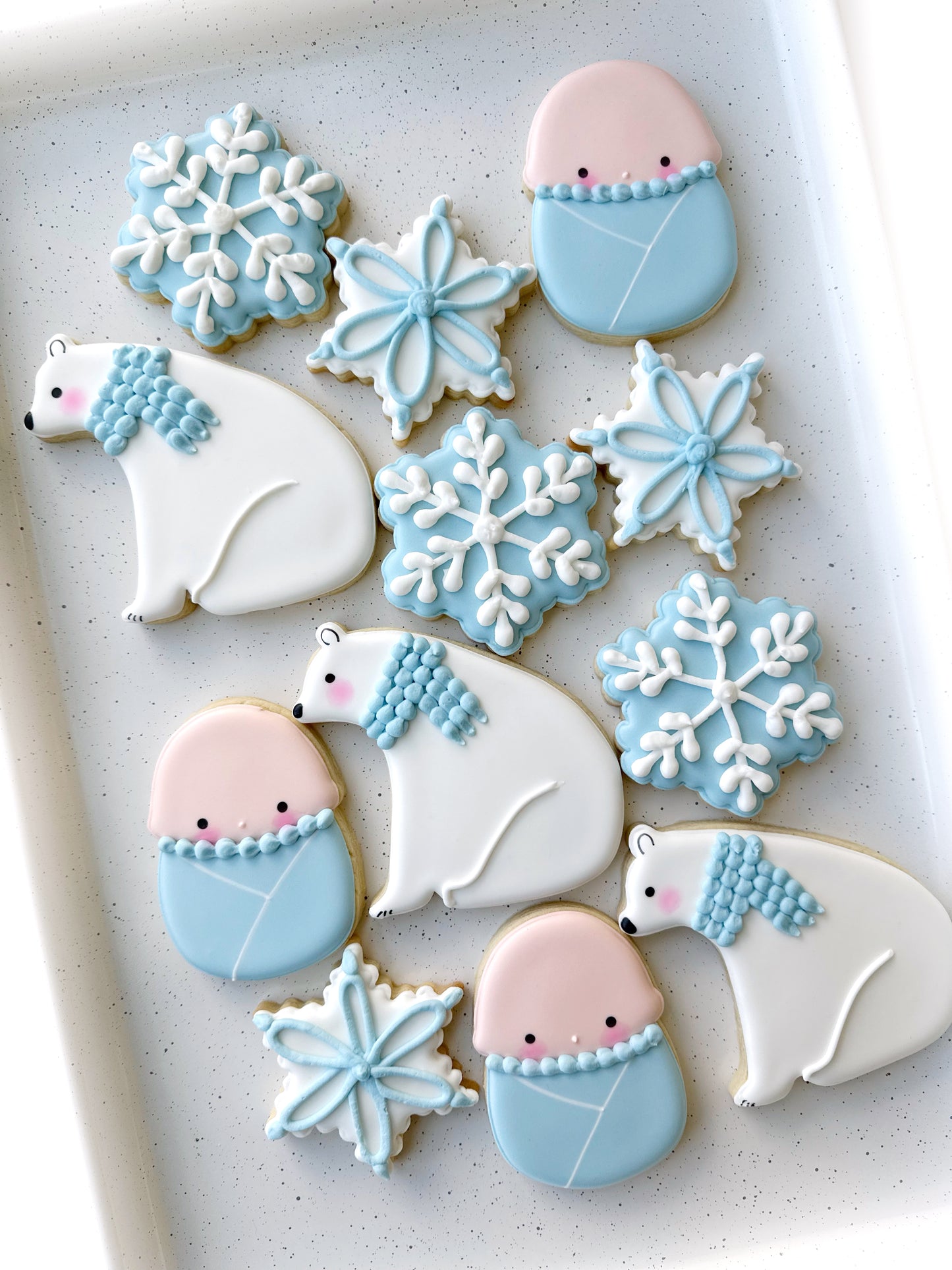 winter wonderland baby shower cookies swaddled baby snowflake polar bear decorated winter baby shower cookies