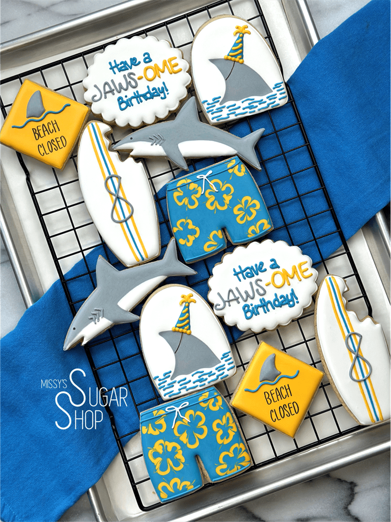 Sharks on the Beach Birthday (1 dozen) Decorated Cookies