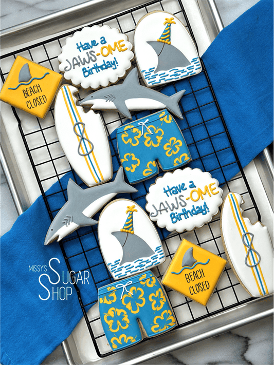 Sharks on the Beach Birthday (1 dozen) Decorated Cookies