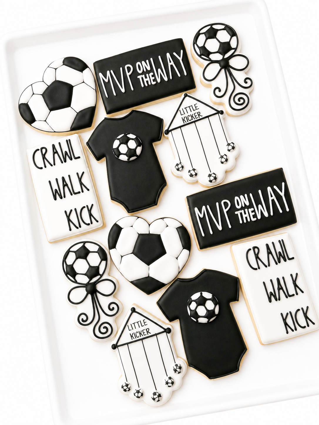 soccer ball, onesie, little kicker, crib mobile, rattle, mvp, baby shower cookies, sports baby cookies