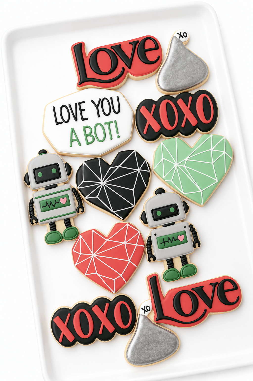 Love You a Bot robot valentine decorated cookies