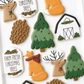 tree farm, farm fresh christmas trees, barn, sled with presents, truck with tree, christmas decorated cookies