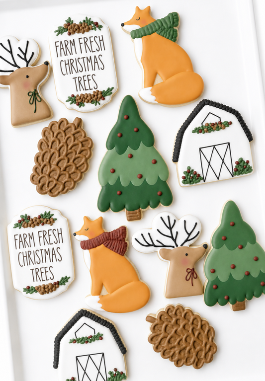 tree farm, farm fresh christmas trees, barn, sled with presents, truck with tree, christmas decorated cookies