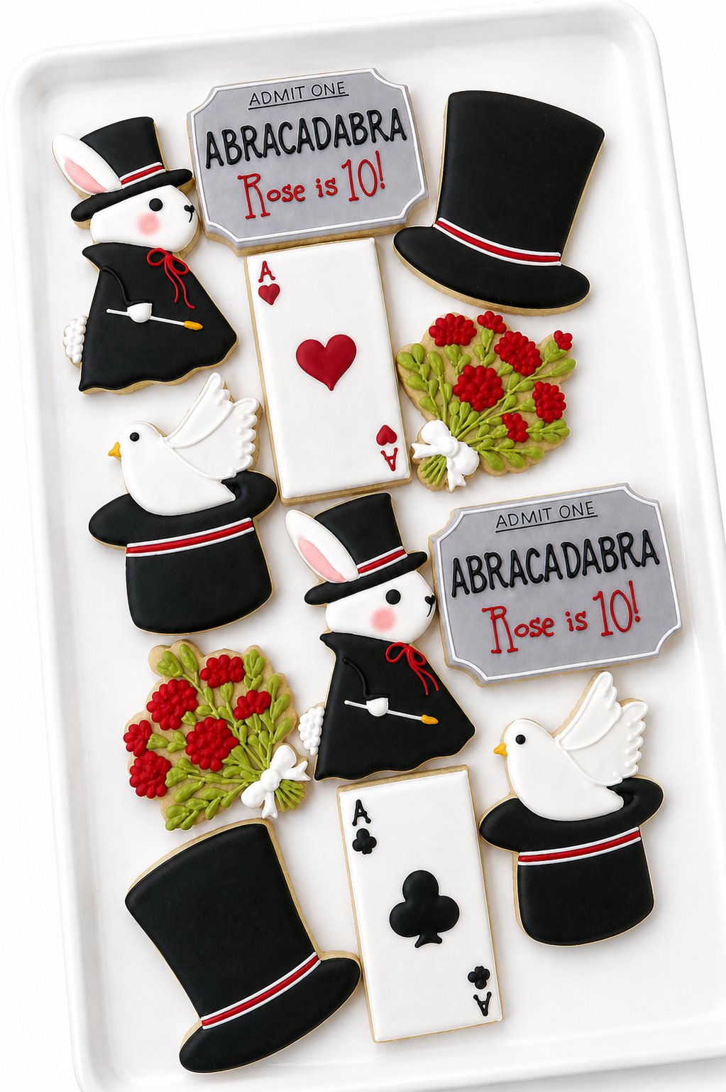 Abracadabra birthday, magic show, rabbit in hat, magician's bouquet, ace of spades, ace of hearts, dove in magician's hat, bunny magician, ace of clubs, ace of diamonds
