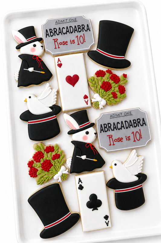 Abracadabra birthday, magic show, rabbit in hat, magician's bouquet, ace of spades, ace of hearts, dove in magician's hat, bunny magician, ace of clubs, ace of diamonds