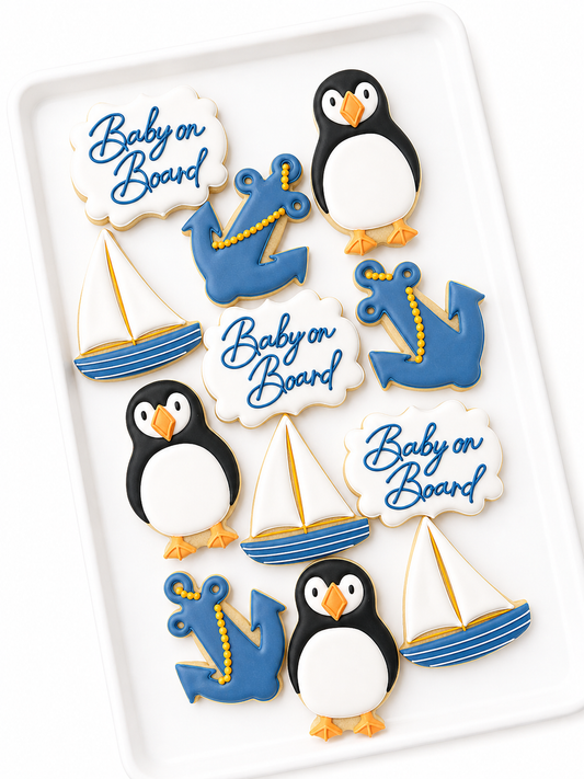 baby on board baby shower cookies whale puffin sailboat anchor decorated baby shower cookies