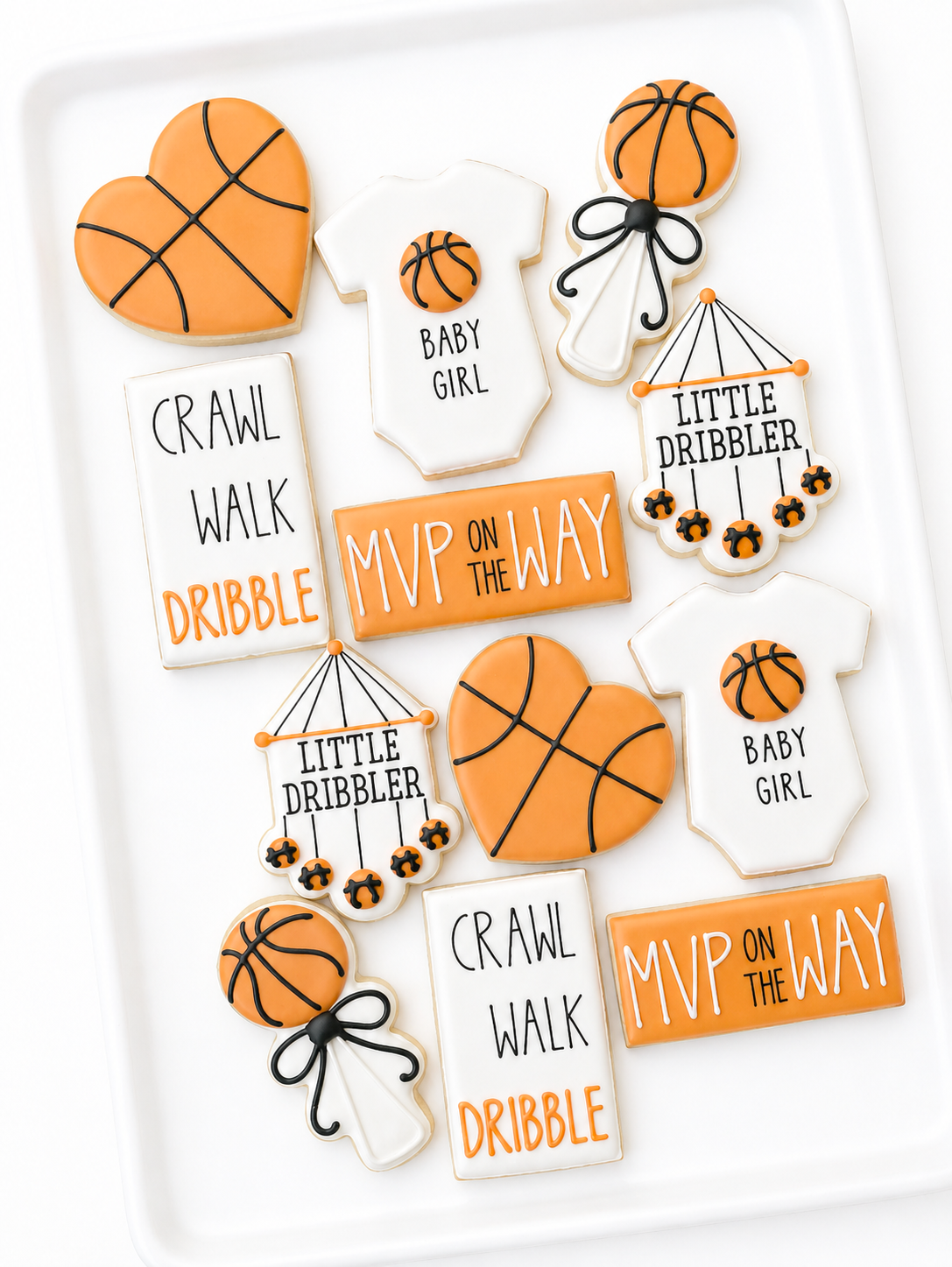 basketball, onesie, little dribbler, crib mobile, rattle, mvp, nba finals decorated cookies baby shower basketball cookies