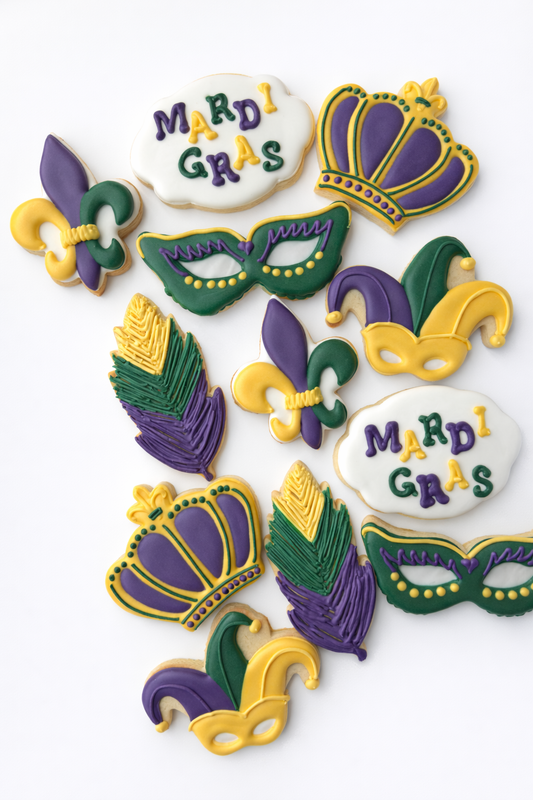Mardi gras birthday, mardi gras mask, feather, fleur de lis, mardi gras crown, balloon bunch, cookies