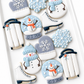 ice skate, sled, snowman, snow globe with snowman, winter mitten, snowflake christmas cookies