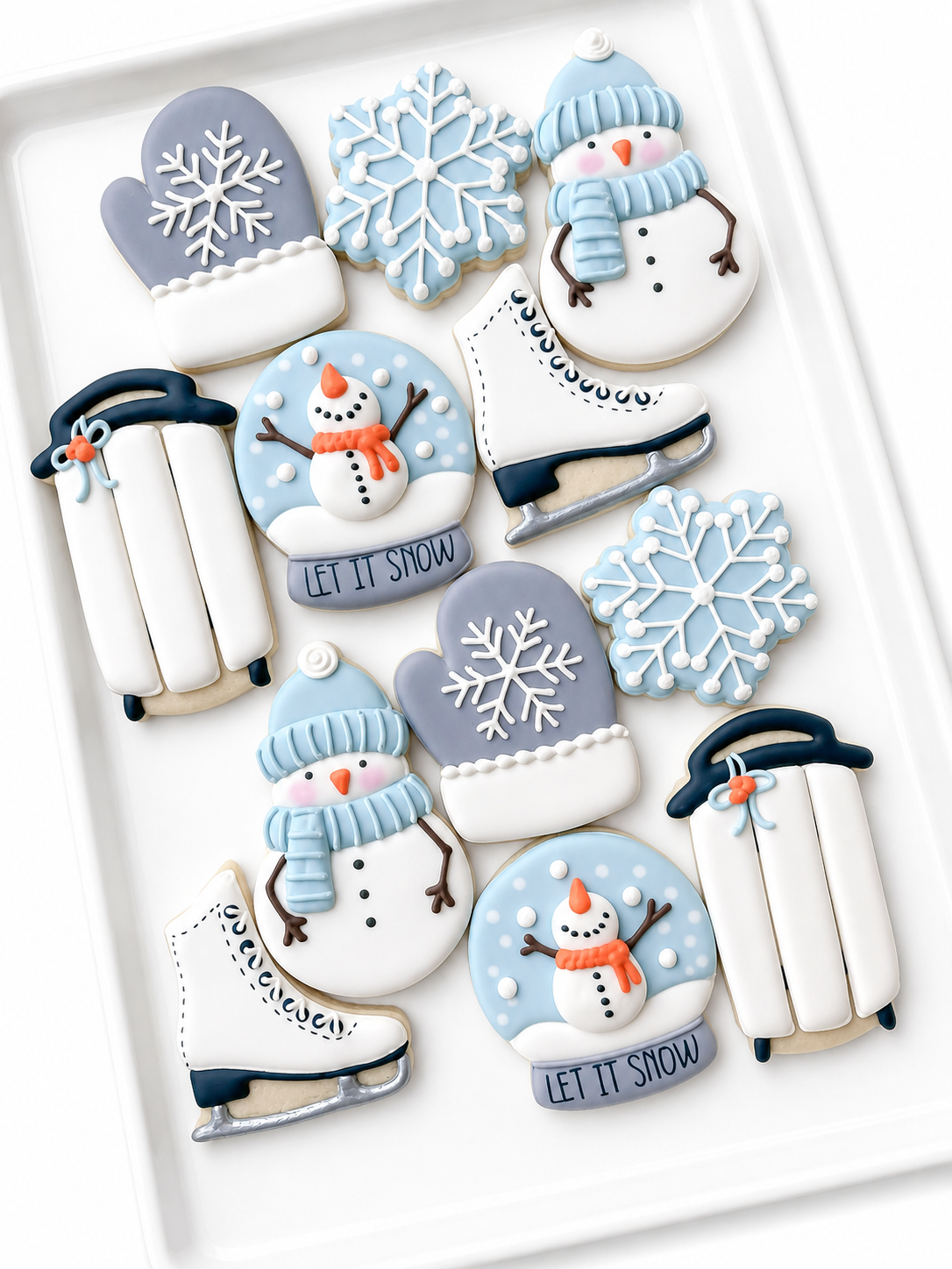 ice skate, sled, snowman, snow globe with snowman, winter mitten, snowflake christmas cookies