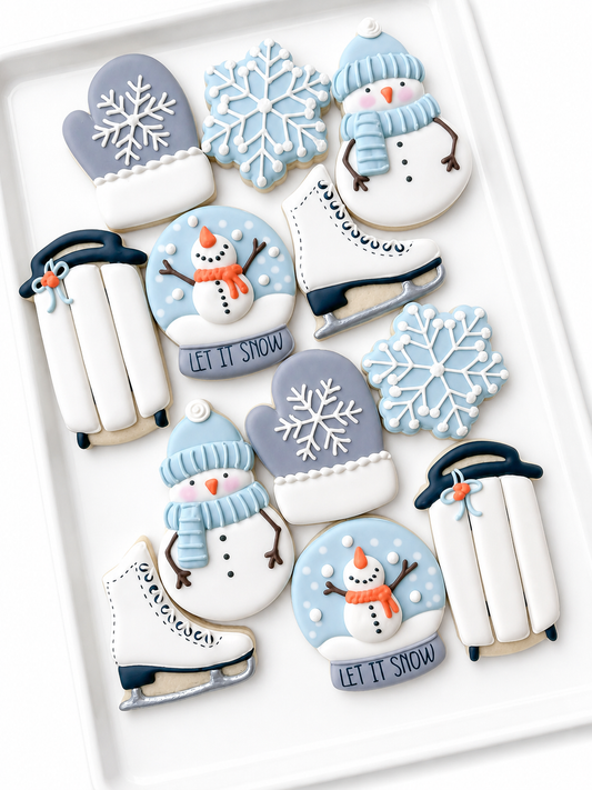 ice skate, sled, snowman, snow globe with snowman, winter mitten, snowflake christmas cookies