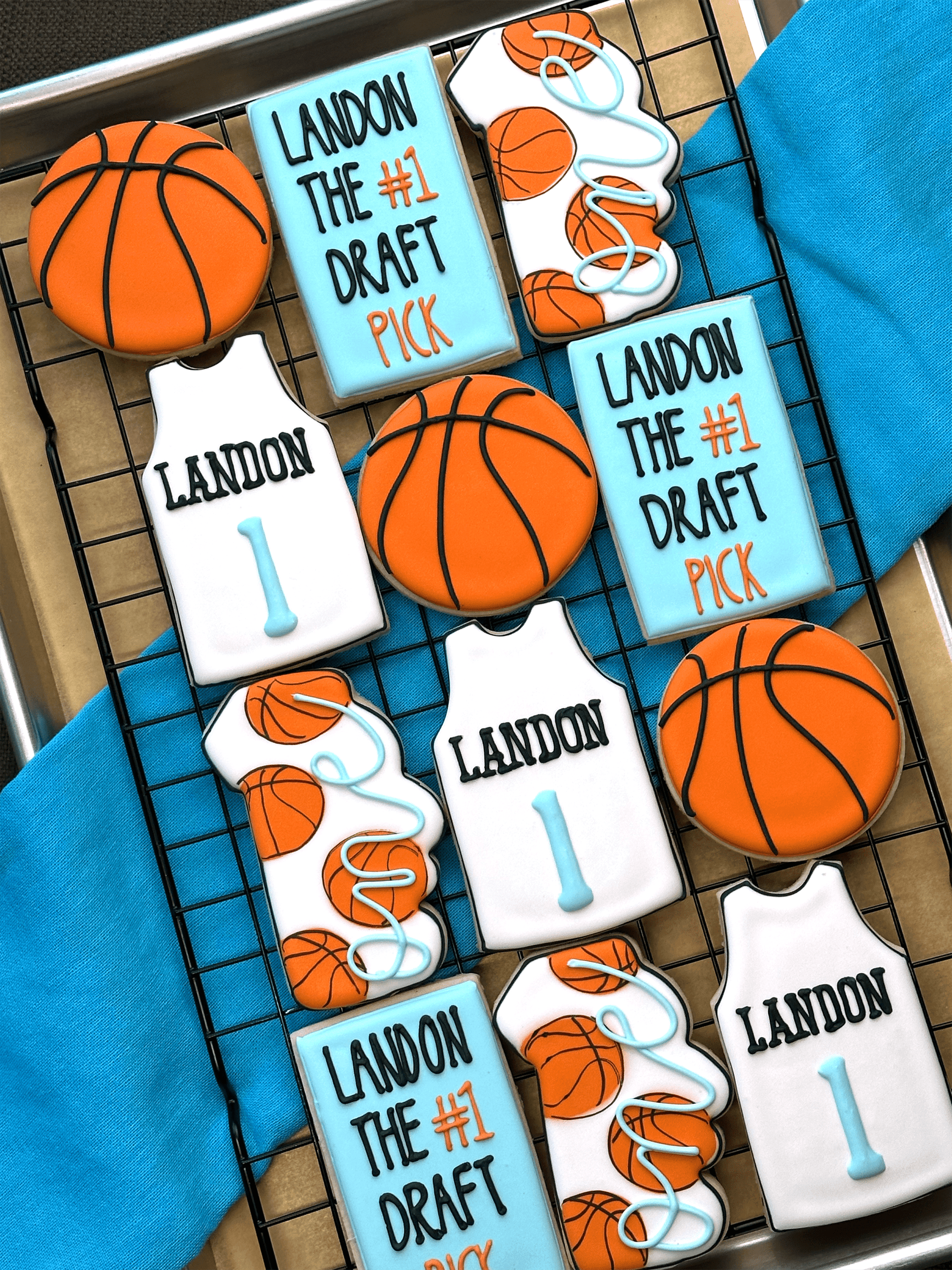 Basketball birthday cookies, first draft pick, basketball, basketball jersey cookies