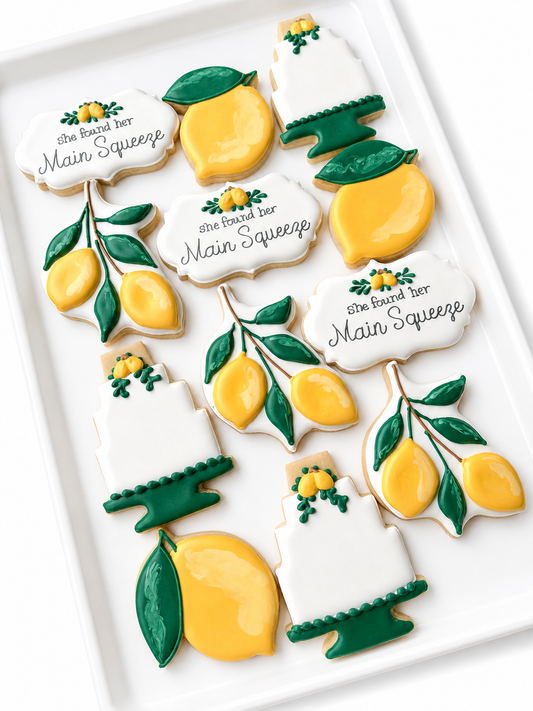 she found her main squeeze, lemon branch, lemon cake, lemon engagement cookies, wedding cookies