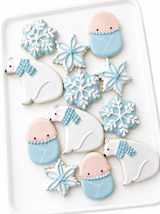 winter wonderland baby shower cookies swaddled baby snowflake polar bear decorated winter baby shower cookies